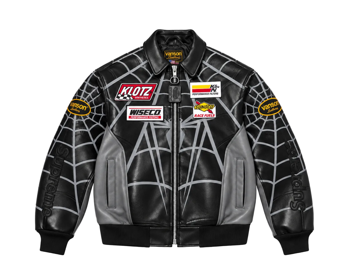 Supreme x Spider Man Leather Jacket 2026 – Titanio negro