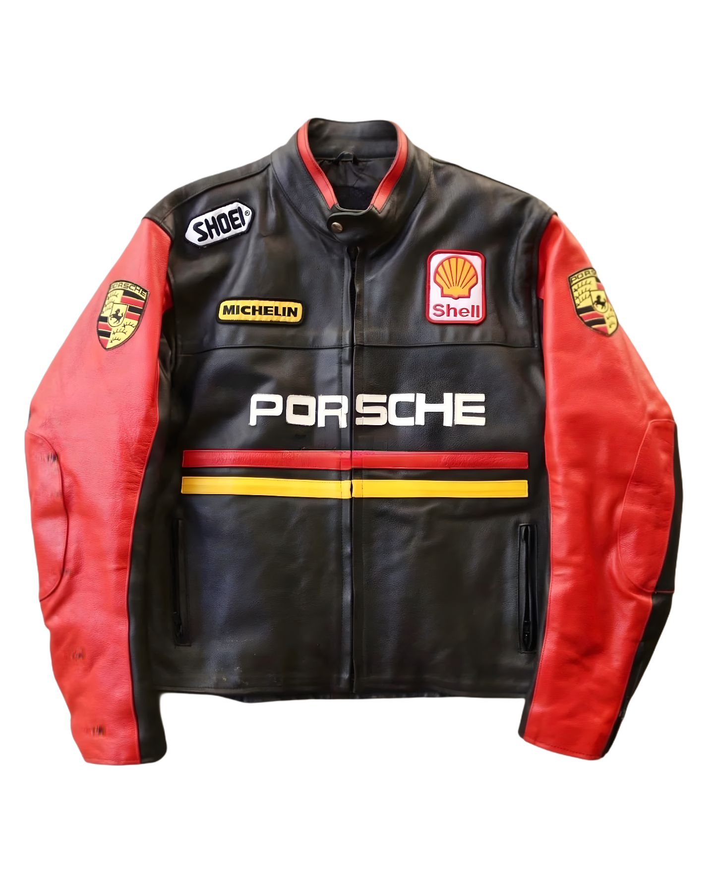 Chaqueta Porsche Estilo Racing Vintage - Biker de Cuero Negro y Rojo