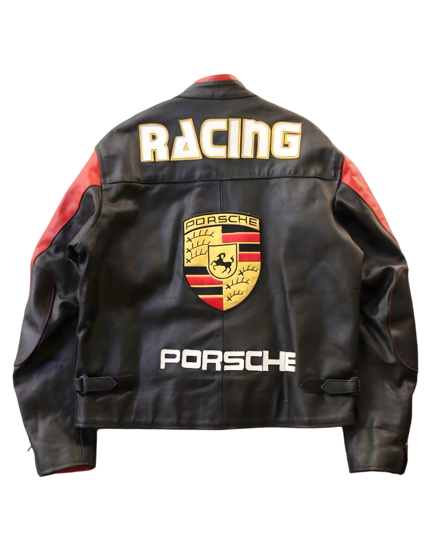 Chaqueta Porsche Estilo Racing Vintage - Biker de Cuero Negro y Rojo