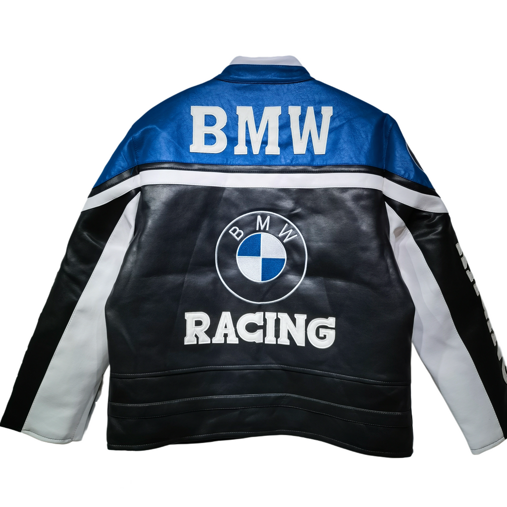 Chaqueta de Cuero BMW y NASCAR - Edición Negro y Azul de Lujo