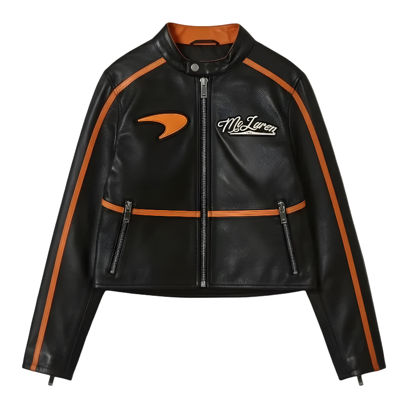 Chaqueta de Cuero Racing McLaren Estilo Vintage - Negro y Naranja