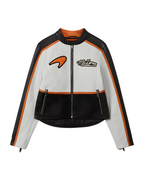 Chaqueta de Cuero Racing McLaren Estilo Vintage - Blanco y Naranja