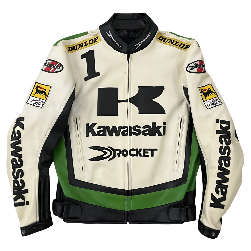 Chaqueta De Cuero Racing Kawasaki x Joe Rocket - Edición Blanco y Verde