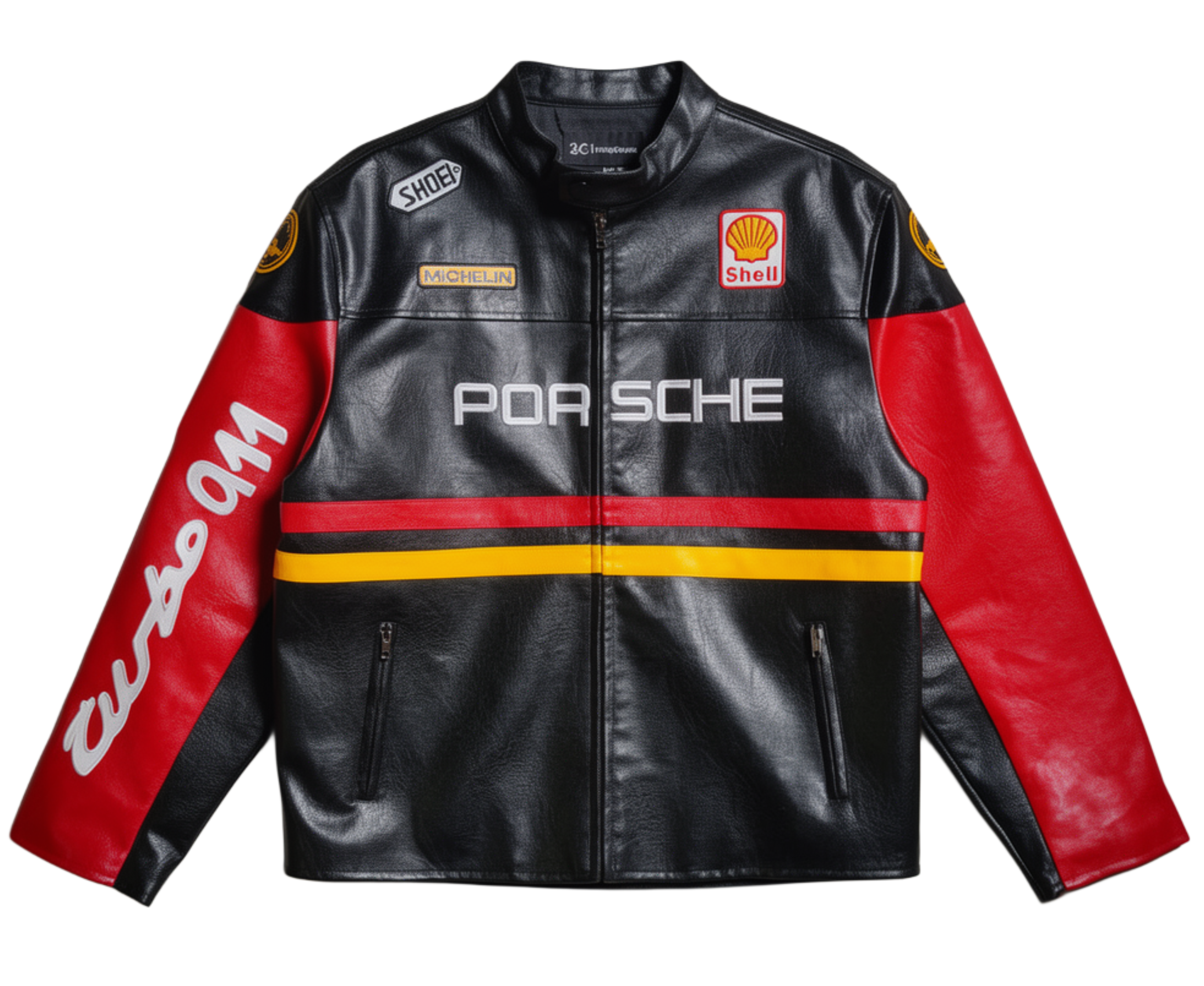 Chaqueta Porsche Turbo 911 Racing - Cuero Negro y Rojo - Estilo Vintage Motorsport