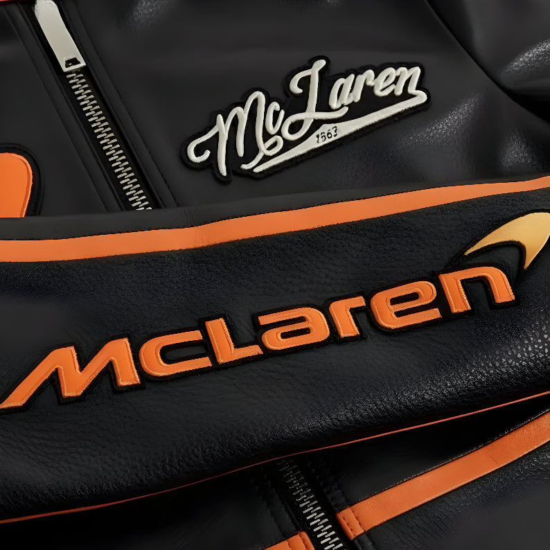 Chaqueta de Cuero Racing McLaren Estilo Vintage - Negro y Naranja