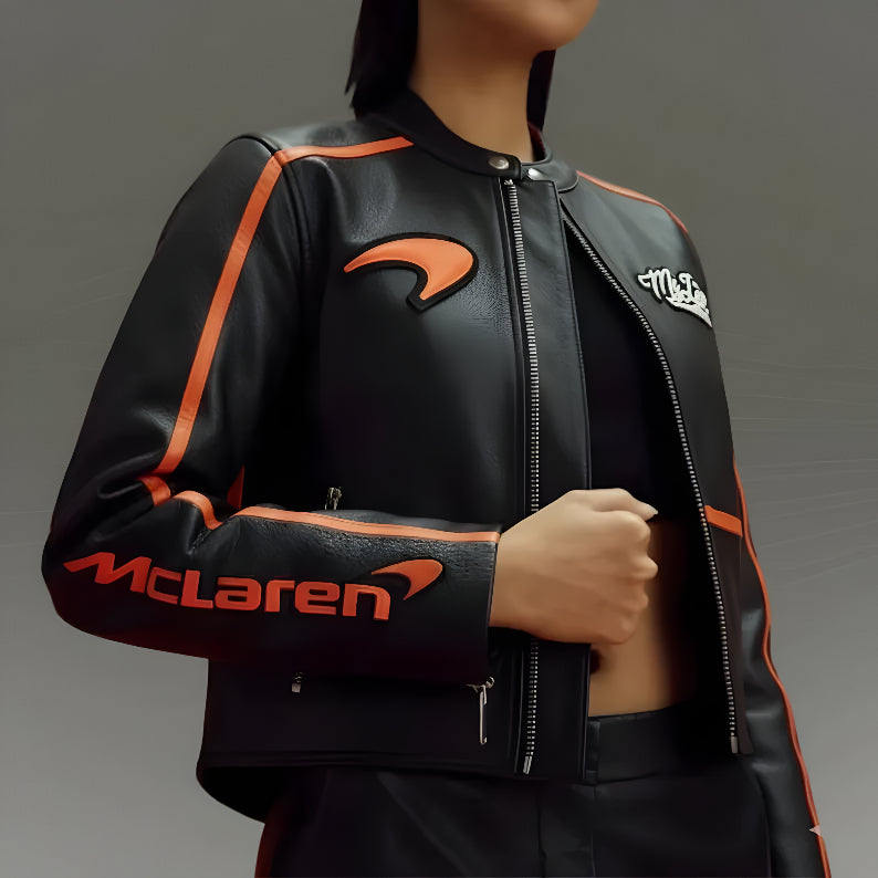 Chaqueta de Cuero Racing McLaren Estilo Vintage - Negro y Naranja