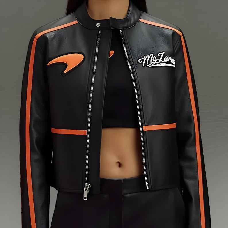 Chaqueta de Cuero Racing McLaren Estilo Vintage - Negro y Naranja