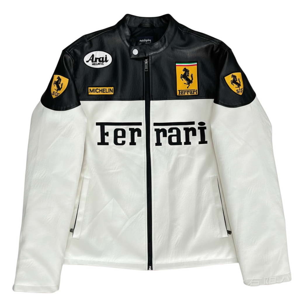Chaqueta de Cuero Ferrari F1 - Edición Blanco y Negro
