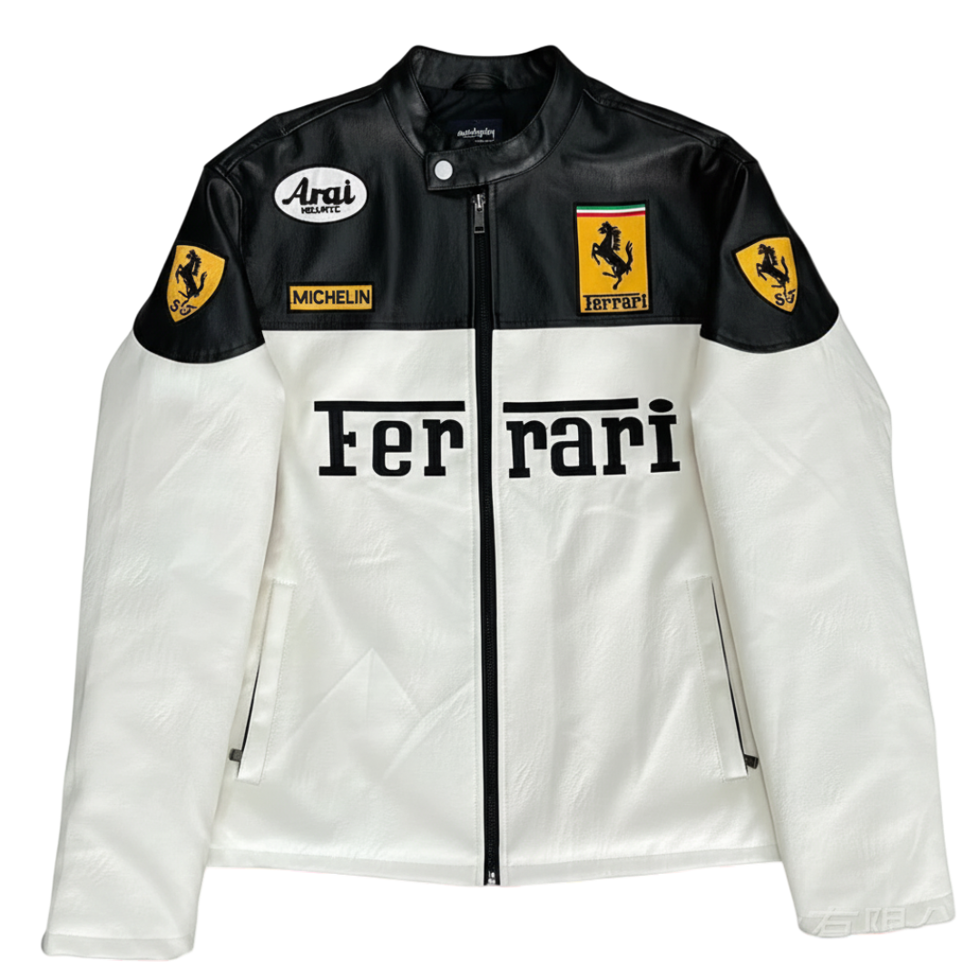 Chaqueta de Cuero Ferrari F1 - Edición Blanco y Negro