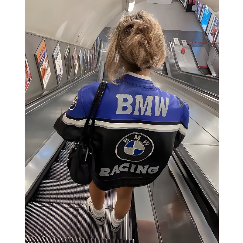 Chaqueta de Cuero BMW y NASCAR - Edición Negro y Azul de Lujo