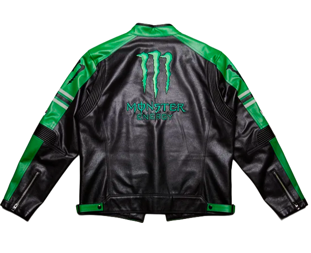 Chaqueta de Cuero Racing Monster Energy - Negro y Verde Neón - Estilo Motero