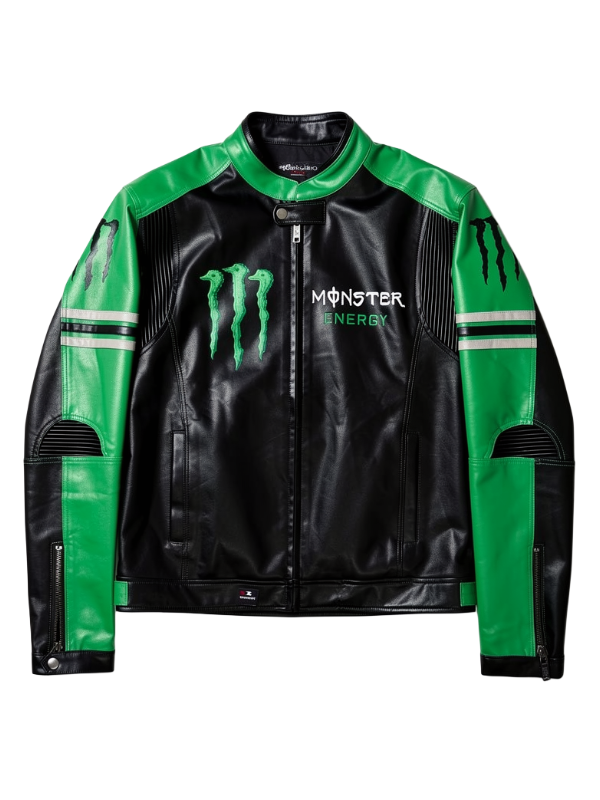 Chaqueta de Cuero Racing Monster Energy - Negro y Verde Neón - Estilo Motero