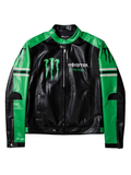 Chaqueta de Cuero Racing Monster Energy - Negro y Verde Neón - Estilo Motero