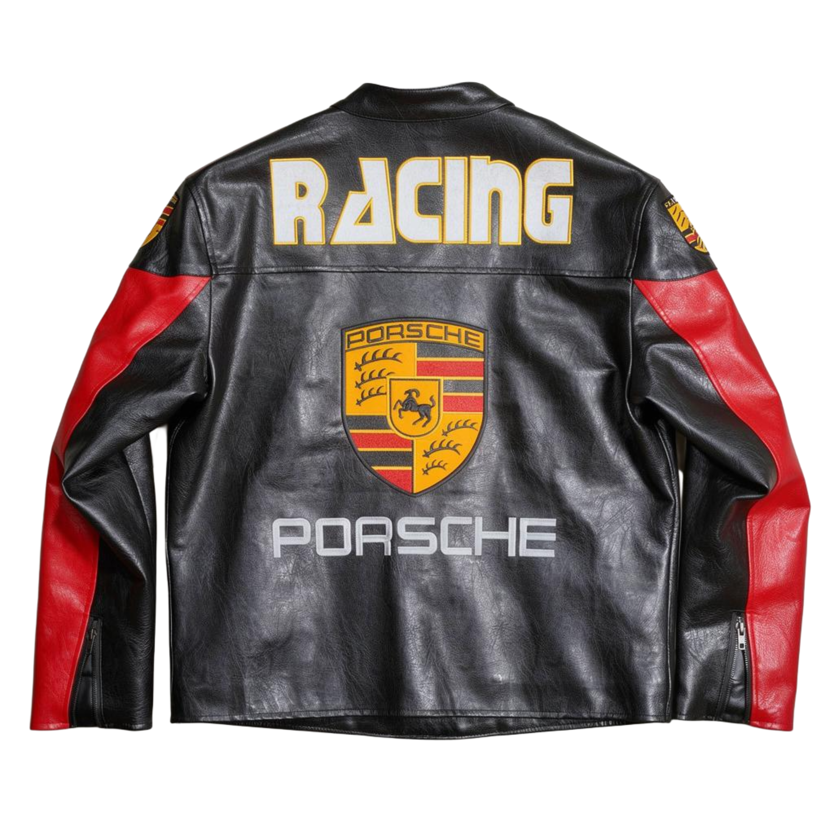 Chaqueta Porsche Turbo 911 Racing - Cuero Negro y Rojo - Estilo Vintage Motorsport