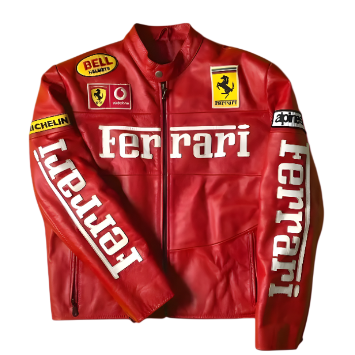Exclusiva Chaqueta de Cuero Estilo Racing Ferrari F1