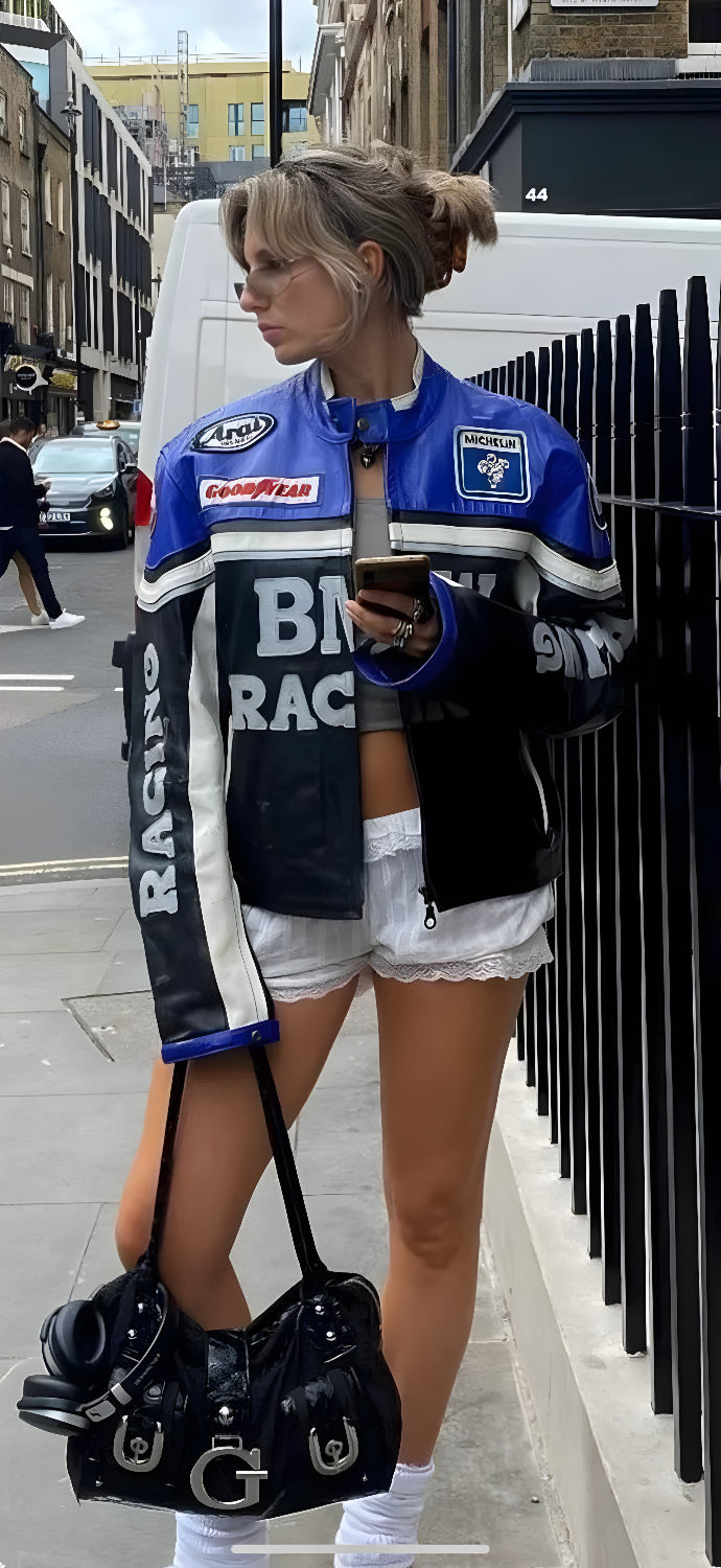 Chaqueta de Cuero BMW y NASCAR - Edición Negro y Azul de Lujo