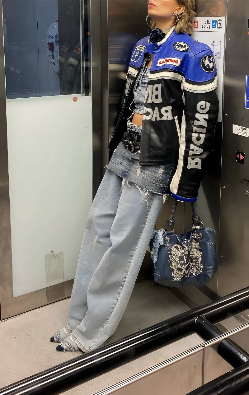 Chaqueta de Cuero BMW y NASCAR - Edición Negro y Azul de Lujo