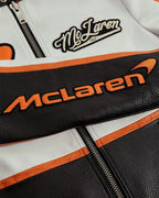Chaqueta de Cuero Racing McLaren Estilo Vintage - Blanco y Naranja