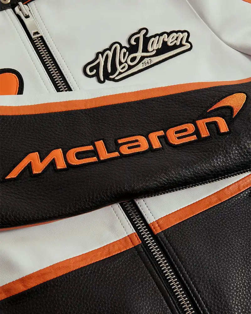 Chaqueta de Cuero Racing McLaren Estilo Vintage - Blanco y Naranja