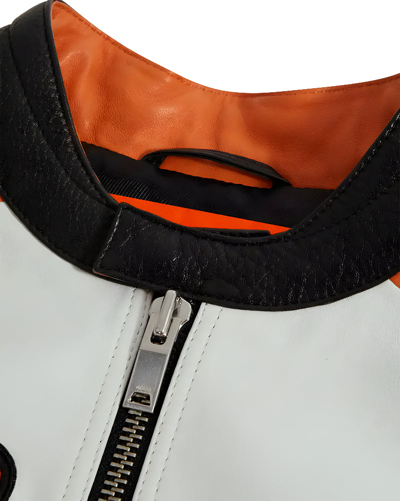 Chaqueta de Cuero Racing McLaren Estilo Vintage - Blanco y Naranja