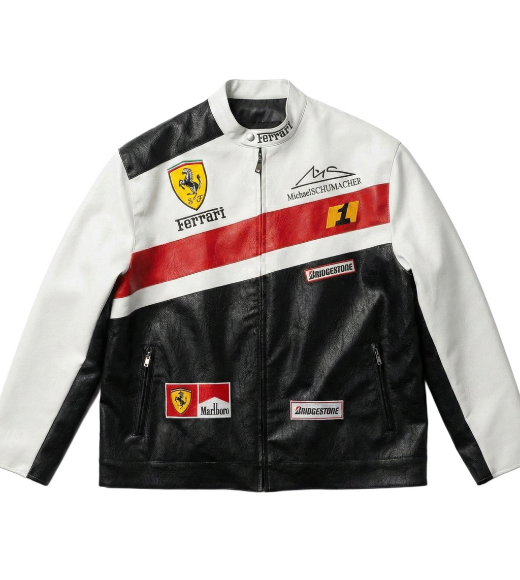 Chaqueta de cuero Vintage de Ferrari F1 Michael Schumacher - Edición Blanco y Rojo