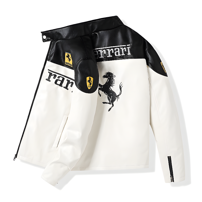 Chaqueta de Cuero Ferrari F1 - Edición Blanco y Negro