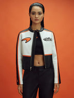 Chaqueta de Cuero Racing McLaren Estilo Vintage - Blanco y Naranja