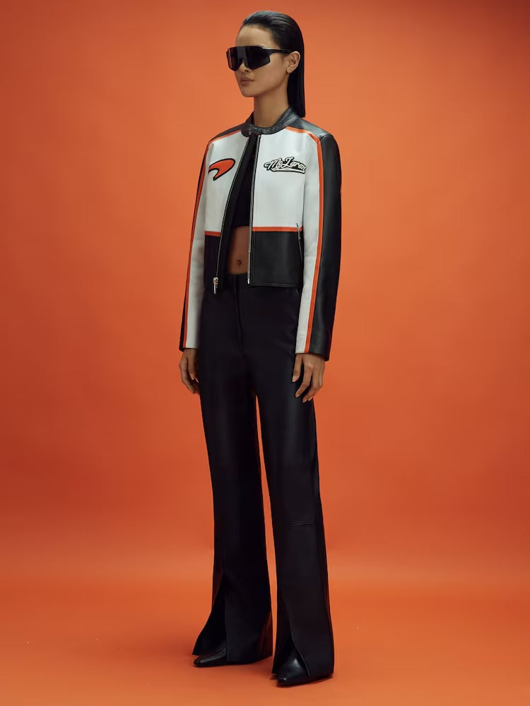 Chaqueta de Cuero Racing McLaren Estilo Vintage - Blanco y Naranja