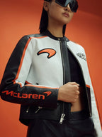 Chaqueta de Cuero Racing McLaren Estilo Vintage - Blanco y Naranja