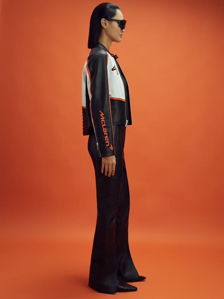 Chaqueta de Cuero Racing McLaren Estilo Vintage - Blanco y Naranja