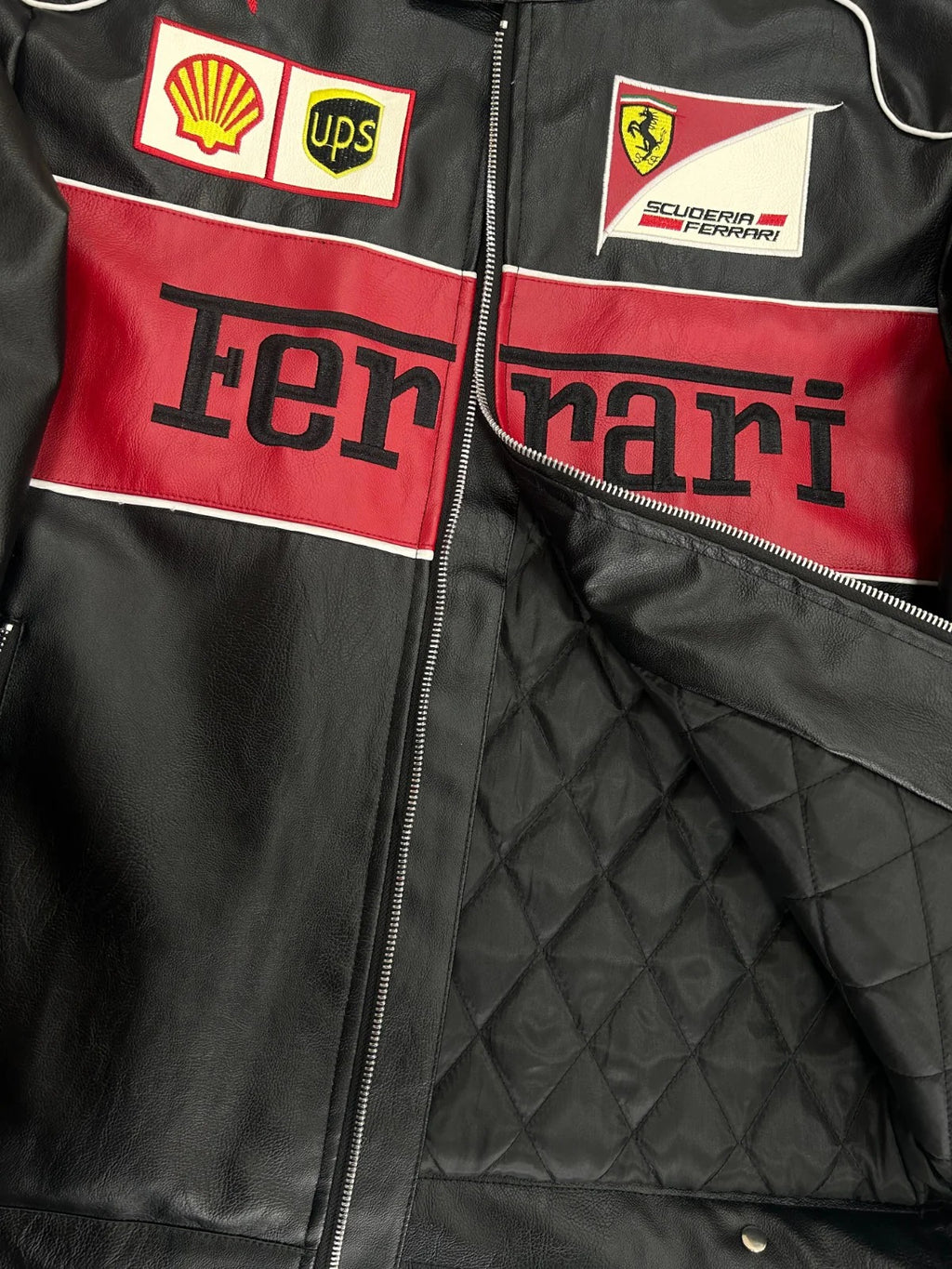 Chaqueta de Cuero Ferrari F1 Clásica - Negro y Rojo