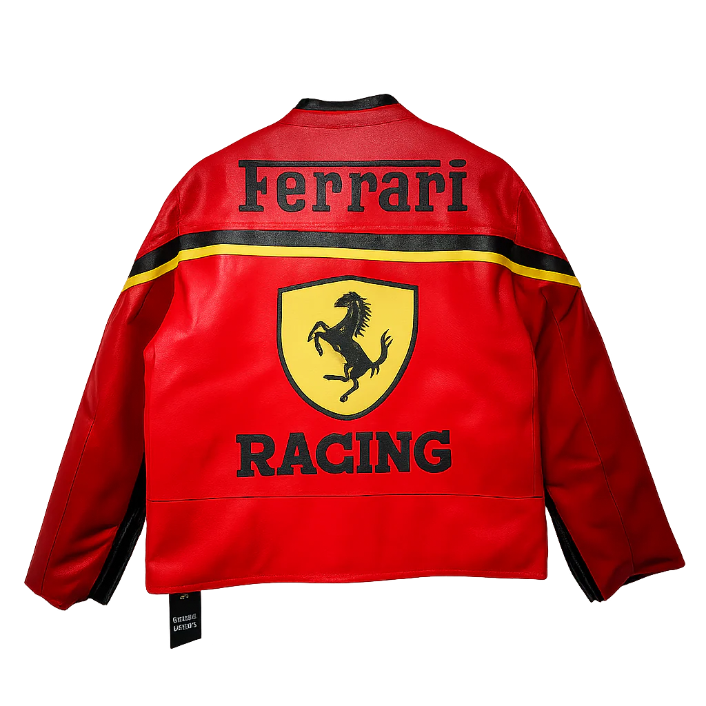 Chaqueta de cuero Ferrari Racing estilo Y2K de motociclista